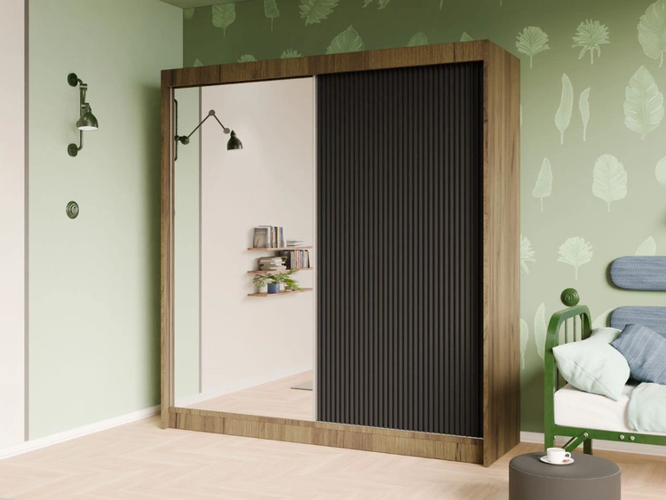 Schiebetürenschrank mit geriffelter Front und Spiegel 200 cm Fano Handwerk Goldene Eiche, Schwarz