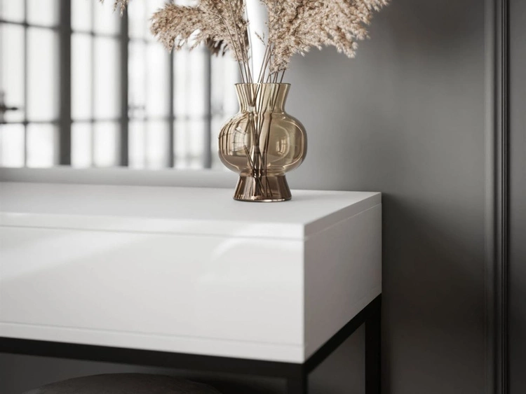 Kosmetiktisch rechtsseitig mit Schubladen und LED-Beleuchtung auf schwarzen Beinen Clarette Weiß Hochglanz