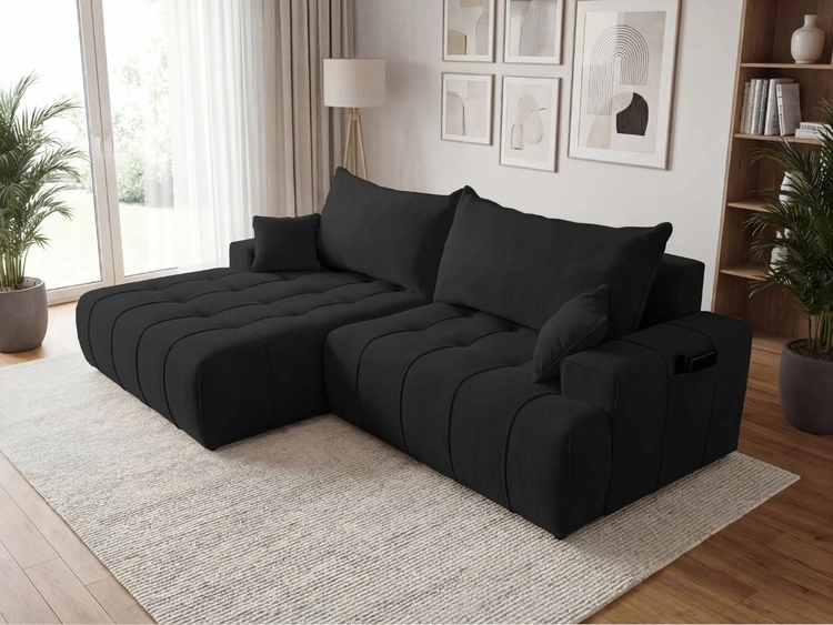 Ecksofa L-Form mit Schlaffunktion und Bettkasten Tulio Links Schwarz