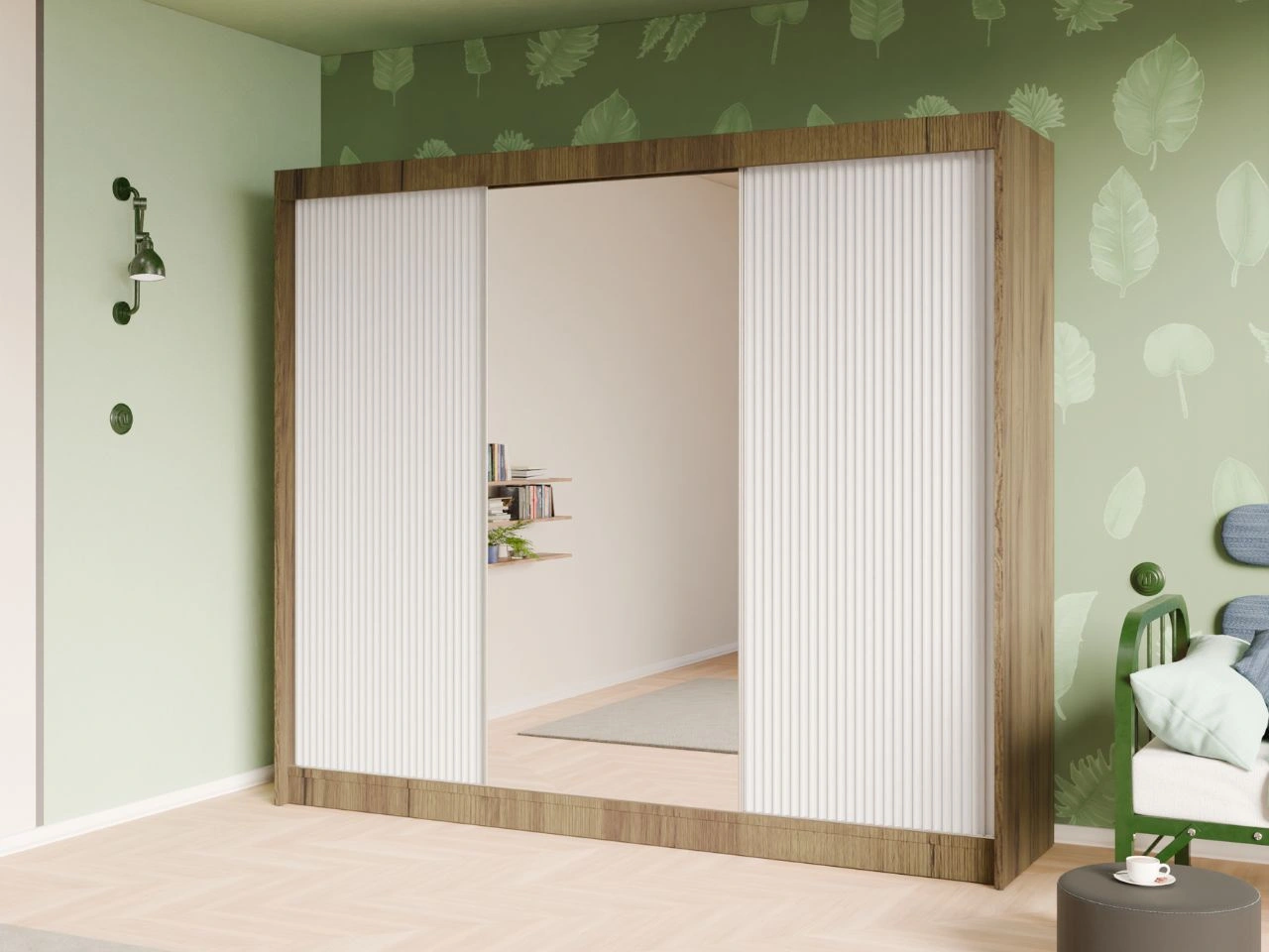 Schiebetürenschrank mit geriffelter Front und Spiegel 250 cm Fano Handwerk Goldene Eiche, Weiß