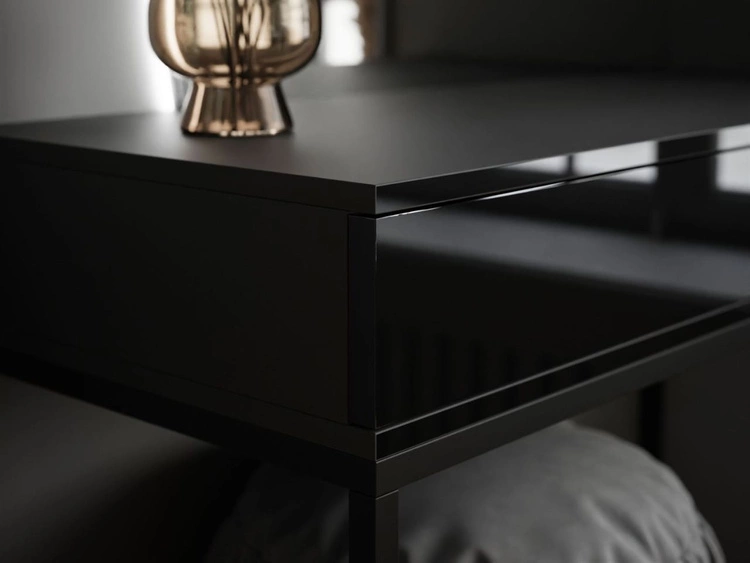 Kosmetiktisch linksseitig mit Schubladen und LED-Beleuchtung auf schwarzen Beinen Clarette Schwarz Hochglanz
