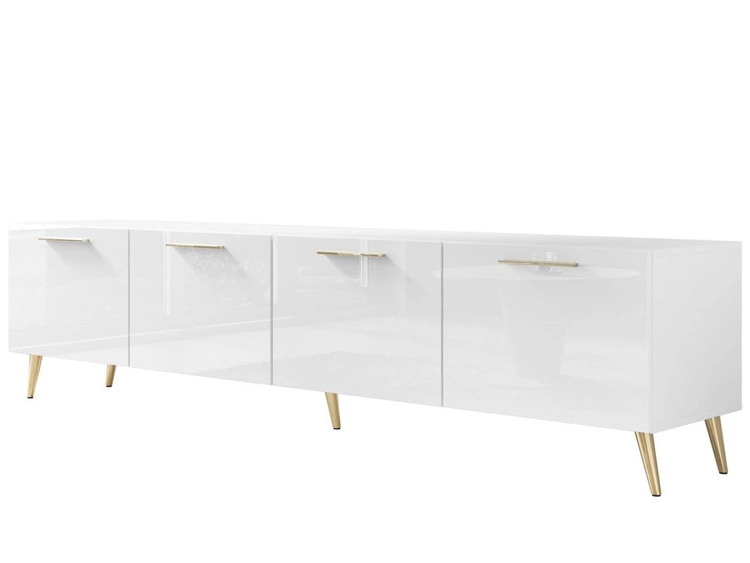 TV-Lowboard mit Türen und LED-Beleuchtung auf Goldenen Metallbeinen 200 cm Noaé Weiß Hochglanz