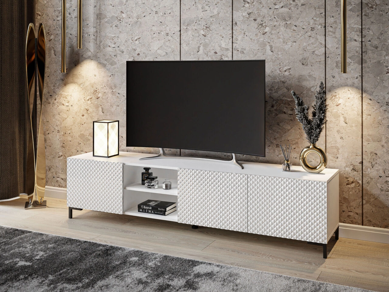 TV-Schrank mit schwarzen Kunststoffbeinen und 3D-gefrästen Fronten Celiane Weiß Glanz