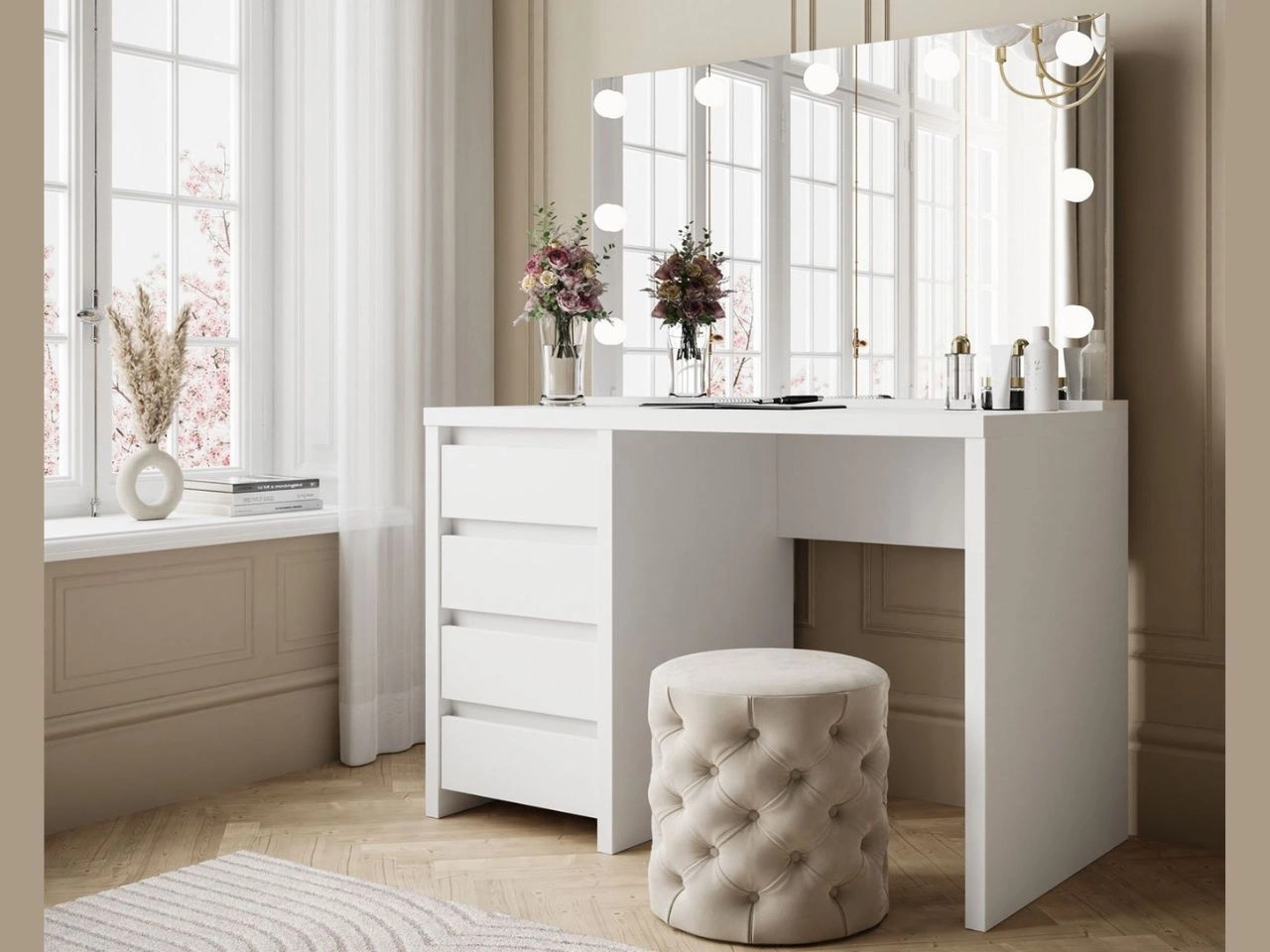 Schminktisch mit Spiegel, Schubladen und LED Nesso Weiß Matt
