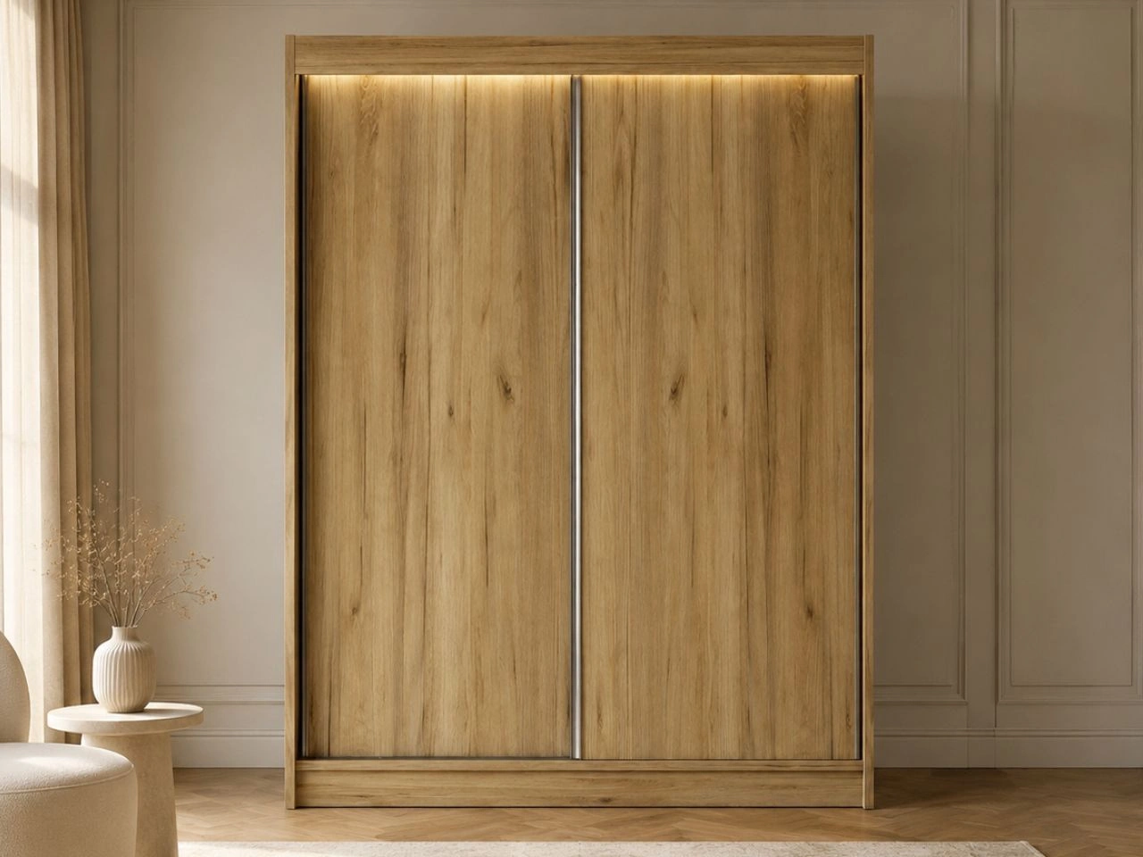Schiebetürenschrank 150 cm mit LED-Beleuchtung Diano Handwerk Goldene Eiche