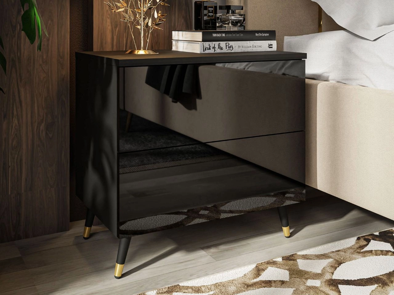 Nachttisch mit Schubladen auf Schwarz-Goldenen Metallbeinen Nuveo Schwarz Hochglanz