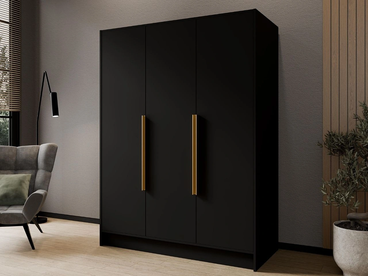 Kleiderschrank 150 cm Perugia Schwarz mit goldenen Griffen