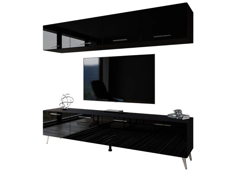 Wohnwand für das Wohnzimmer auf Silbernen Metallbeinen Noaé Schwarz Hochglanz