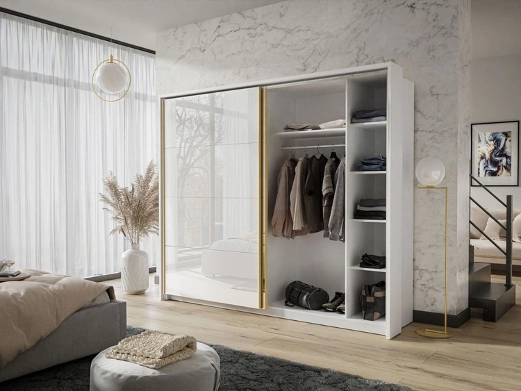 Schwebetürenschrank Zweitüriger mit Aufsatz und Spiegel 254 cm Noaé Weiß Hochglanz