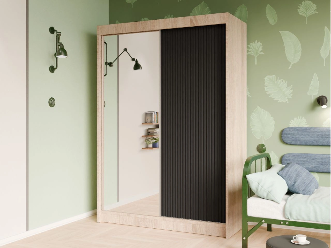 Schiebetürenschrank mit geriffelter Front und Spiegel 150 cm Fano Eiche Sonoma, Schwarz