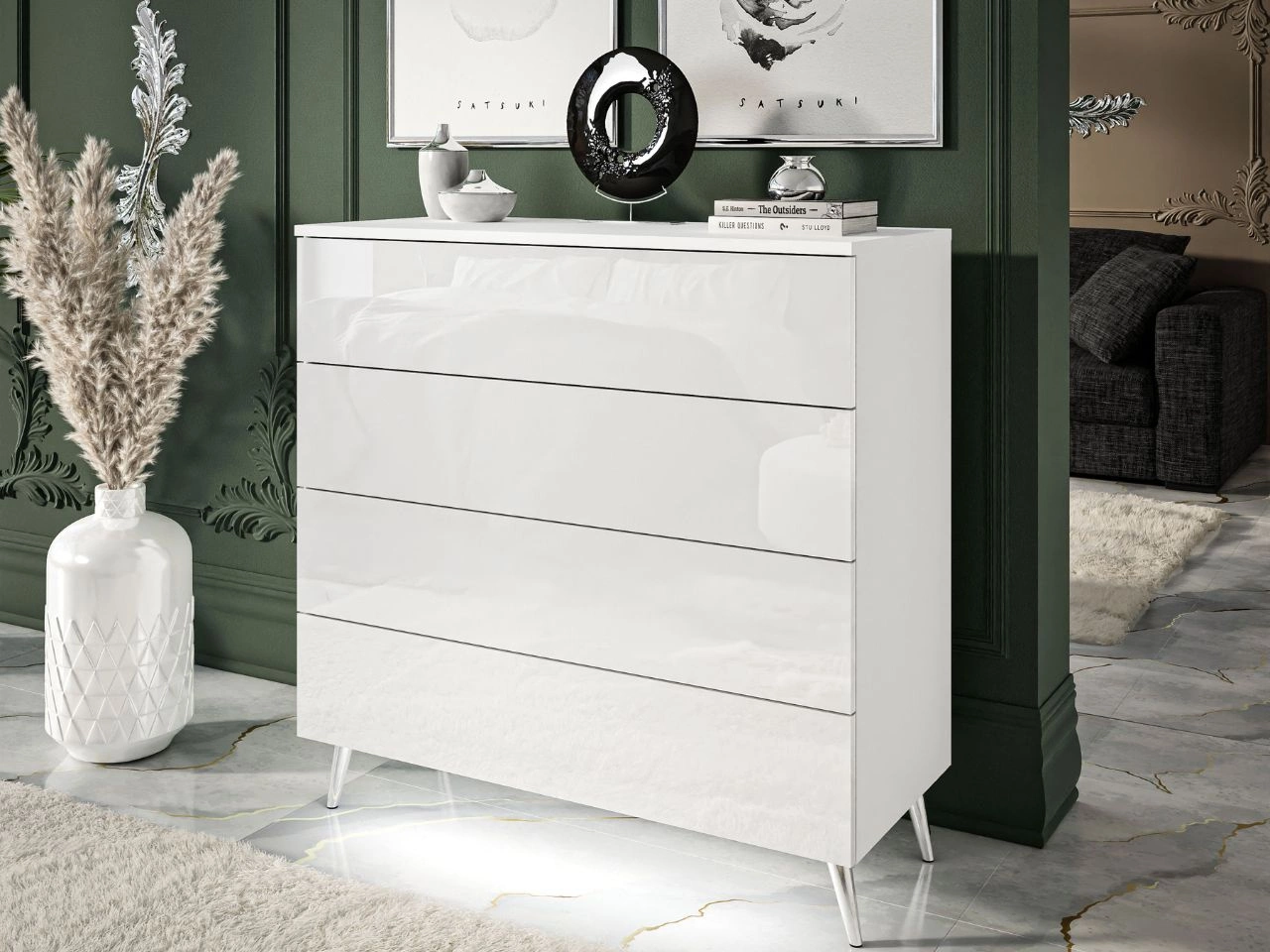 Kommode mit vier Schubladen und LED-Beleuchtung auf Silbernen Metallbeinen Nuveo Weiß Hochglanz