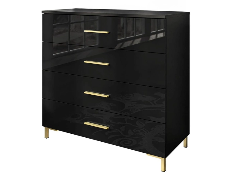 Kommode mit vier Schubladen und LED-Beleuchtung auf Goldenen Beinen Nuveo Schwarz Hochglanz