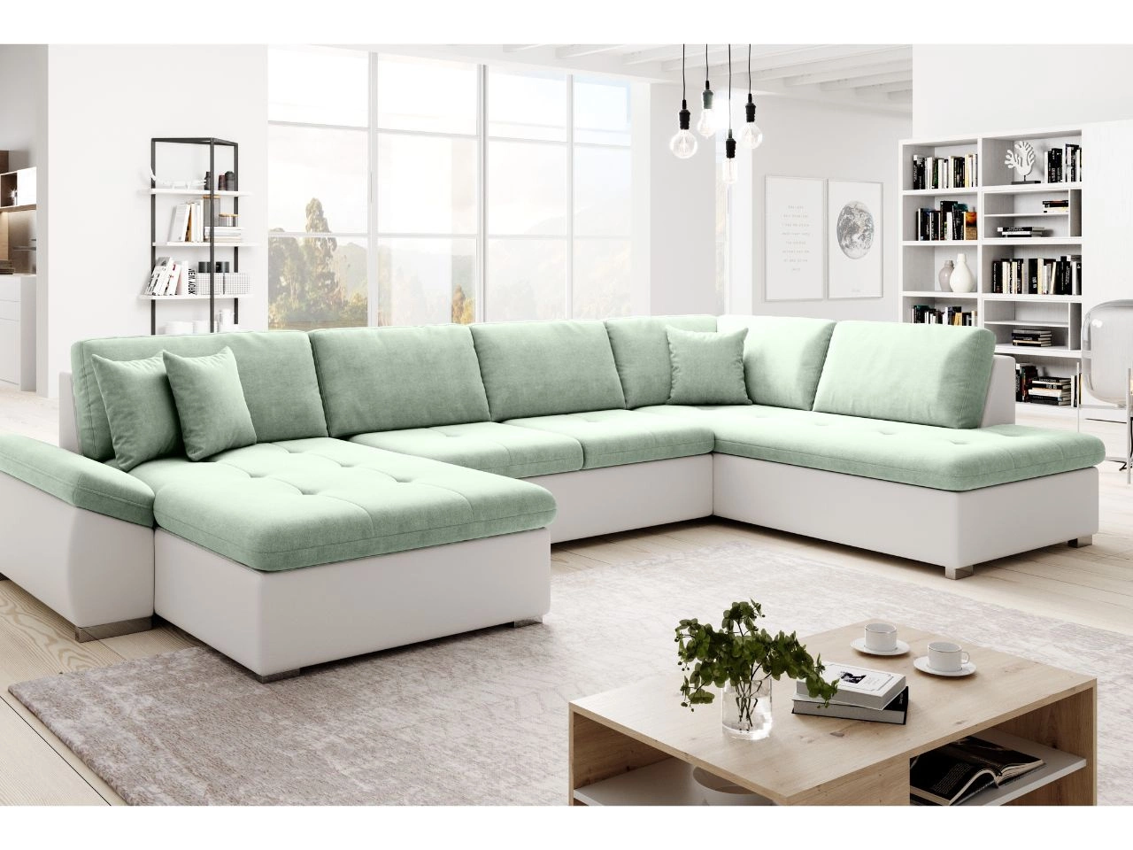 Wohnlandschaft mit Schlaffunktion Rechts Moni U Hellgrün, Weiß