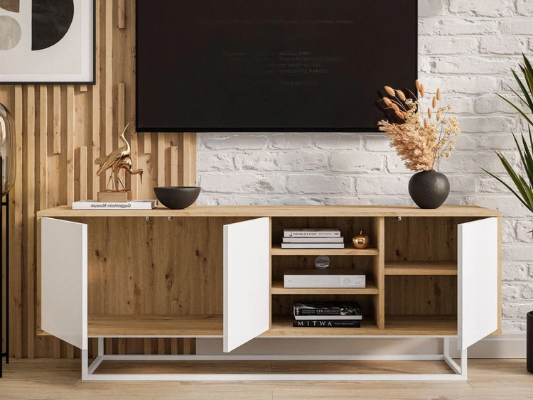 TV-Lowboard mit Türen auf weißem Gestell Vivance Weiß und Artisan Eiche