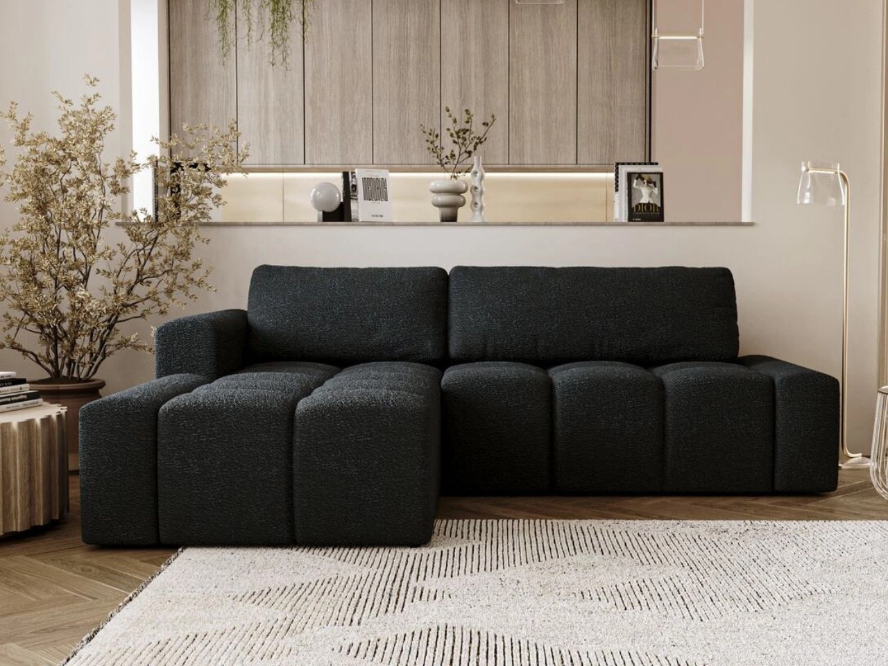 Ecksofa L-Form Links mit Schlaffunktion und Bettkasten Lana Schwarz