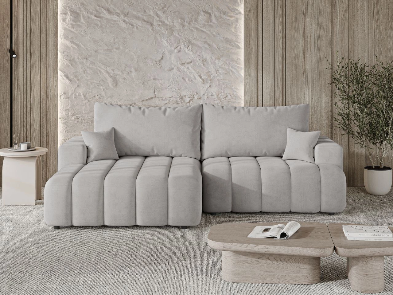 Ecksofa L-Form Links mit Schlaffunktion und Bettkasten Caleo Hellgrau