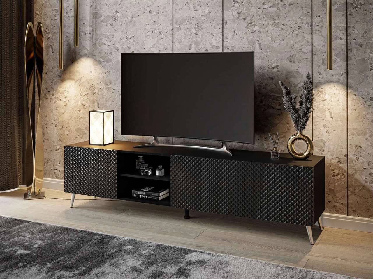 TV-Schrank mit 3D-gefrästen Fronten und verchromten Metallbeinen Celiane Schwarz Glanz