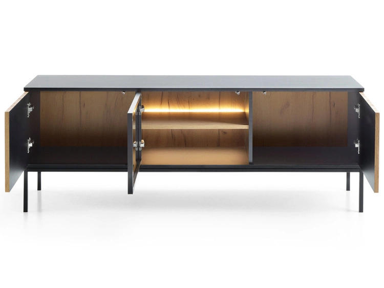 Wohnzimmerset mit Led Deo Schwarz, Eiche Wotan