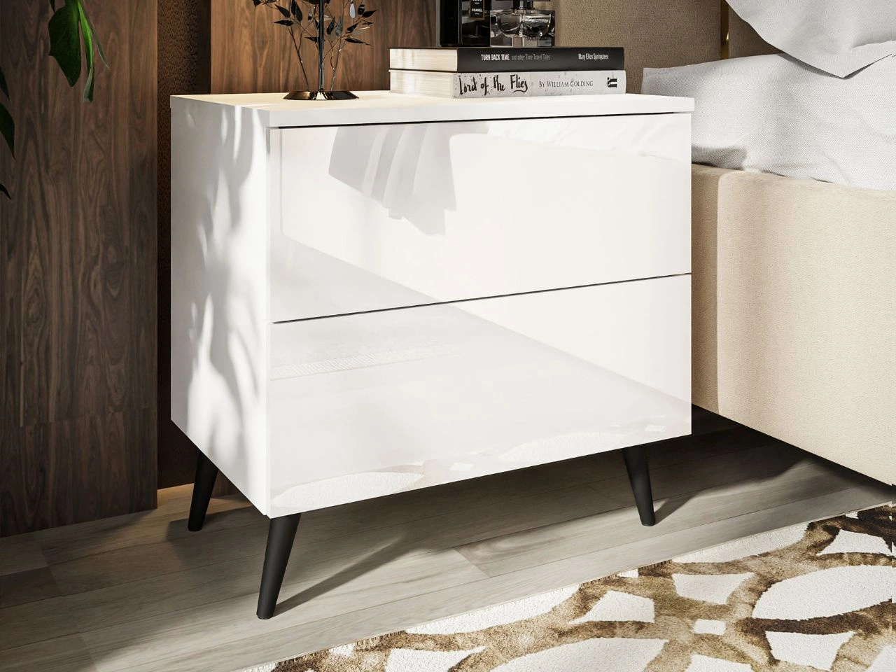 Nachttisch mit Schubladen auf Schwarzen Metallbeinen Nuveo Weiß Hochglanz