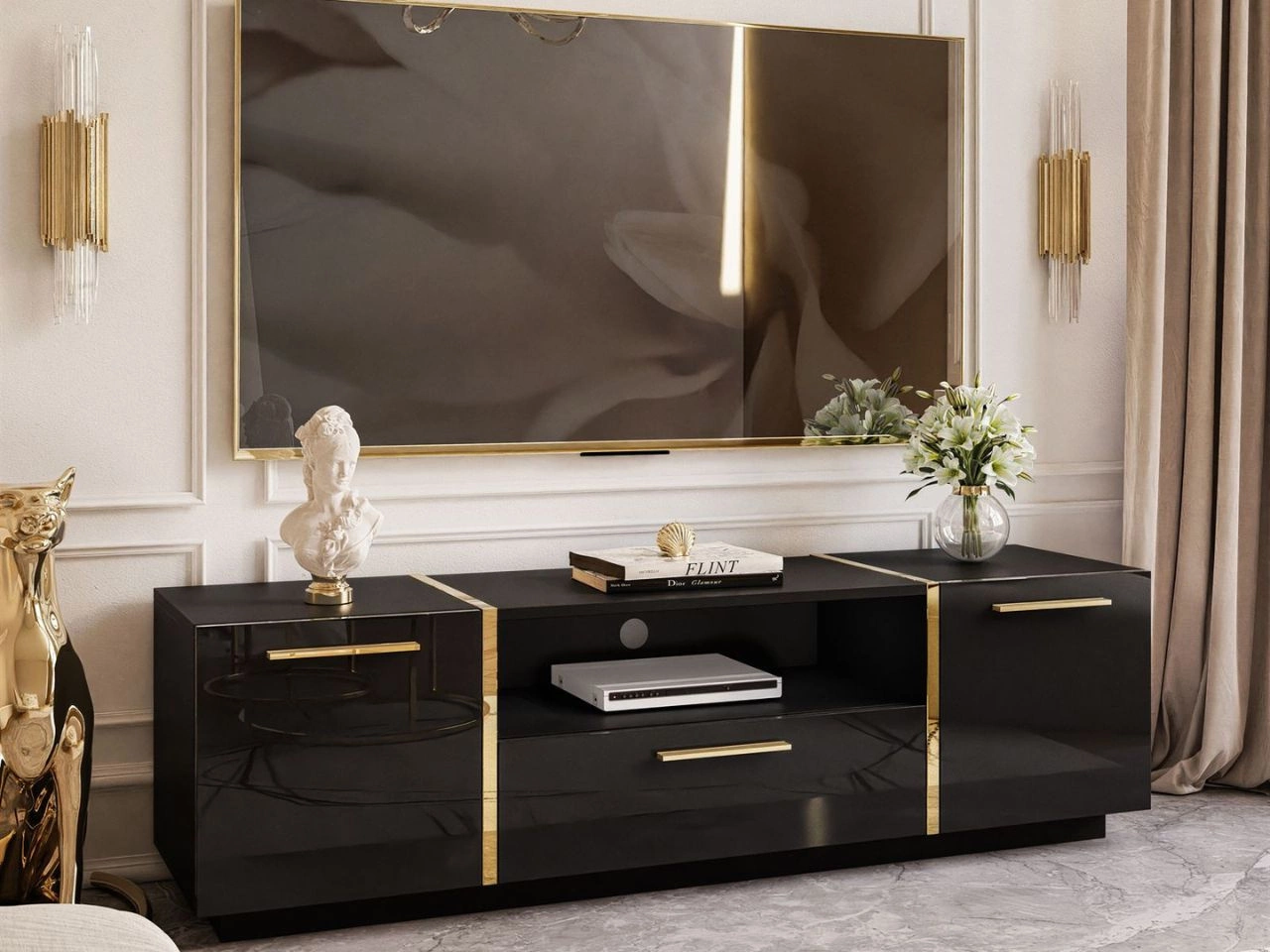 TV-Lowboard im Glamour-Stil, zweitürig mit Schublade Lunelie Schwarz Hochglanz