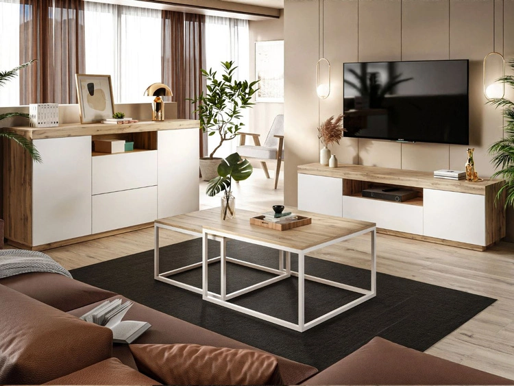 TV-Lowboard Asumi mit Türen und Schublade – Weiß matt und Eiche Wotan