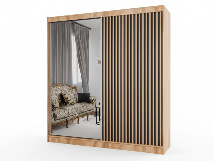 Schiebetürenschrank mit Spiegel und Lamellen 200 cm Loreto Handwerk Goldene Eiche, Schwarz