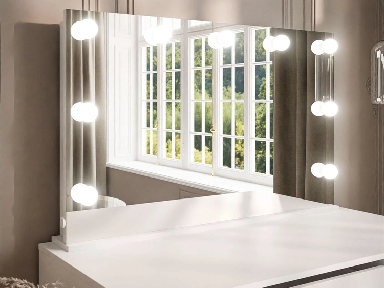 Schminktisch mit Spiegel, Schubladen und LED Melo Elite Weiß Hochglanz