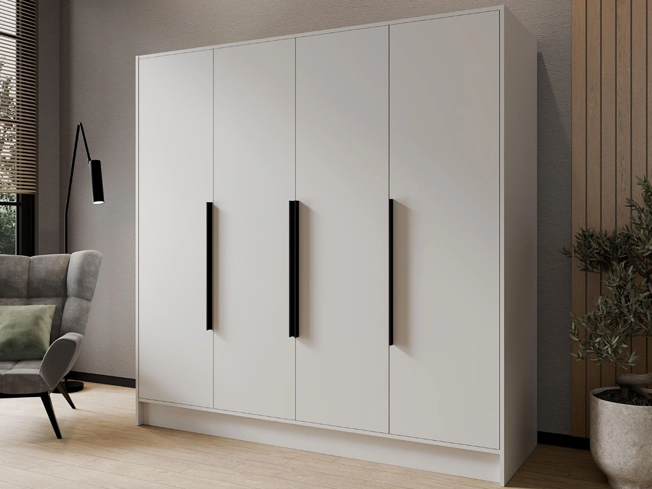 Kleiderschrank 200 cm Perugia Weiß mit schwarzen Griffen