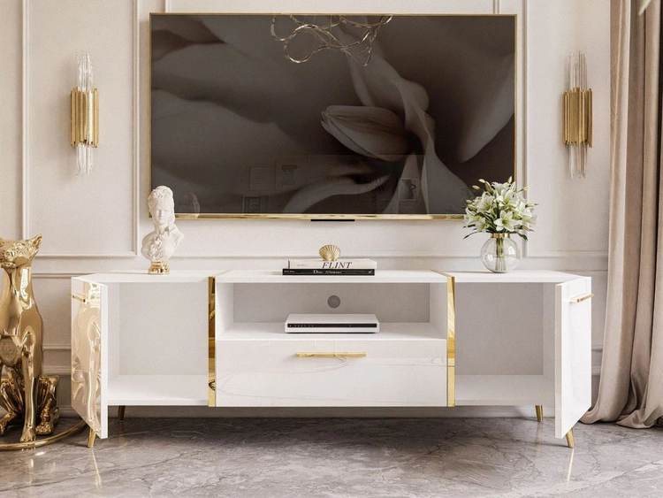TV-Schrank im Glamour-Stil mit Schränken und Schublade Lunelie Weiß Hochglanz