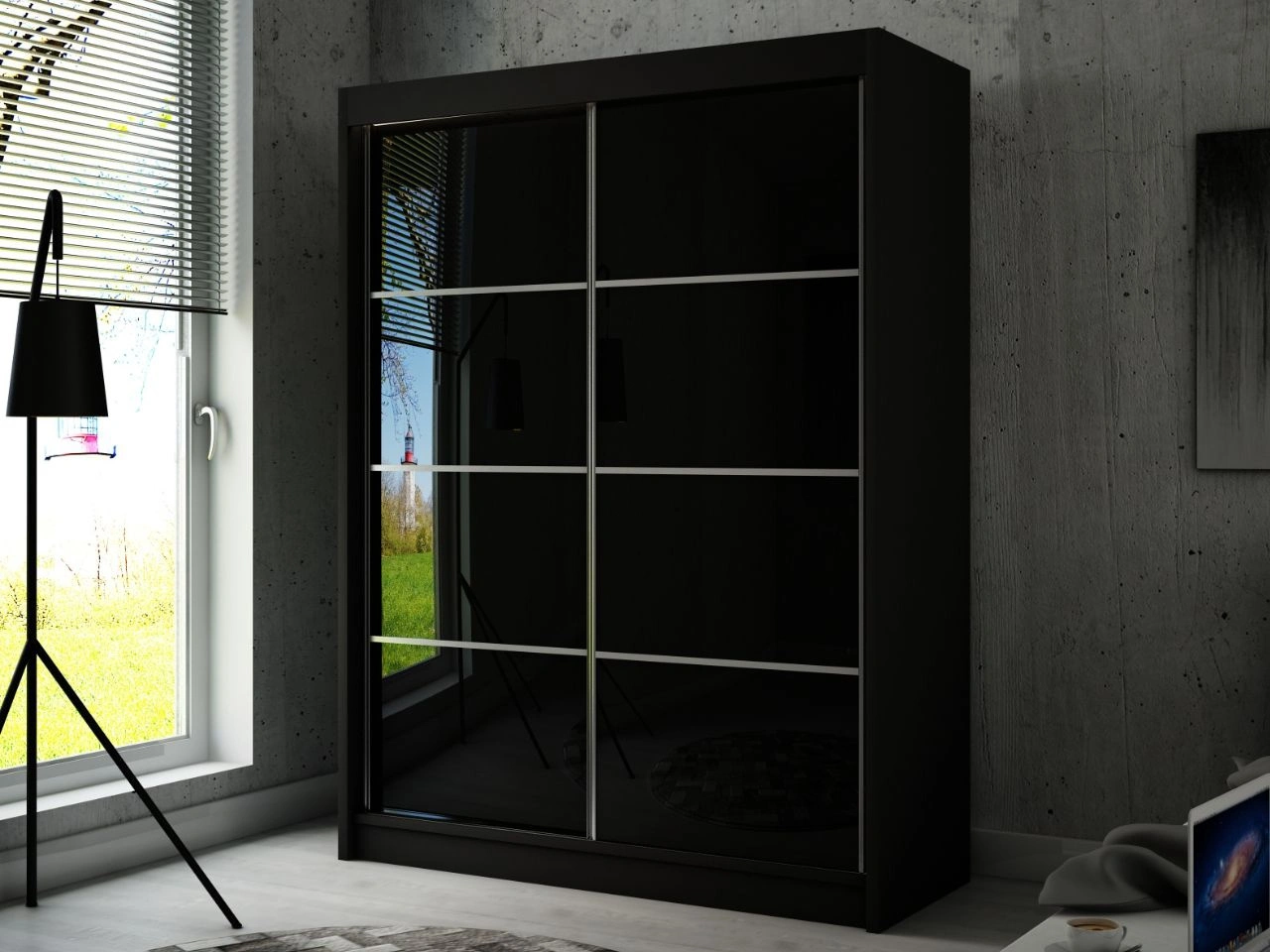 Schiebetürenschrank mit Sprossen 150 cm mit LED-Beleuchtung Ponti Schwarz