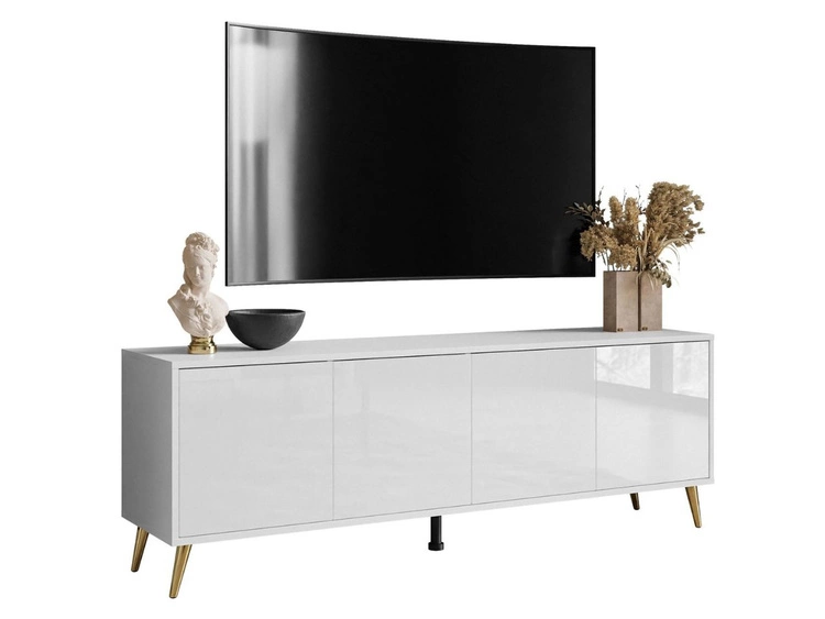 TV-Lowboard mit Türen goldene Beine Vivance Weiß Hochglanz