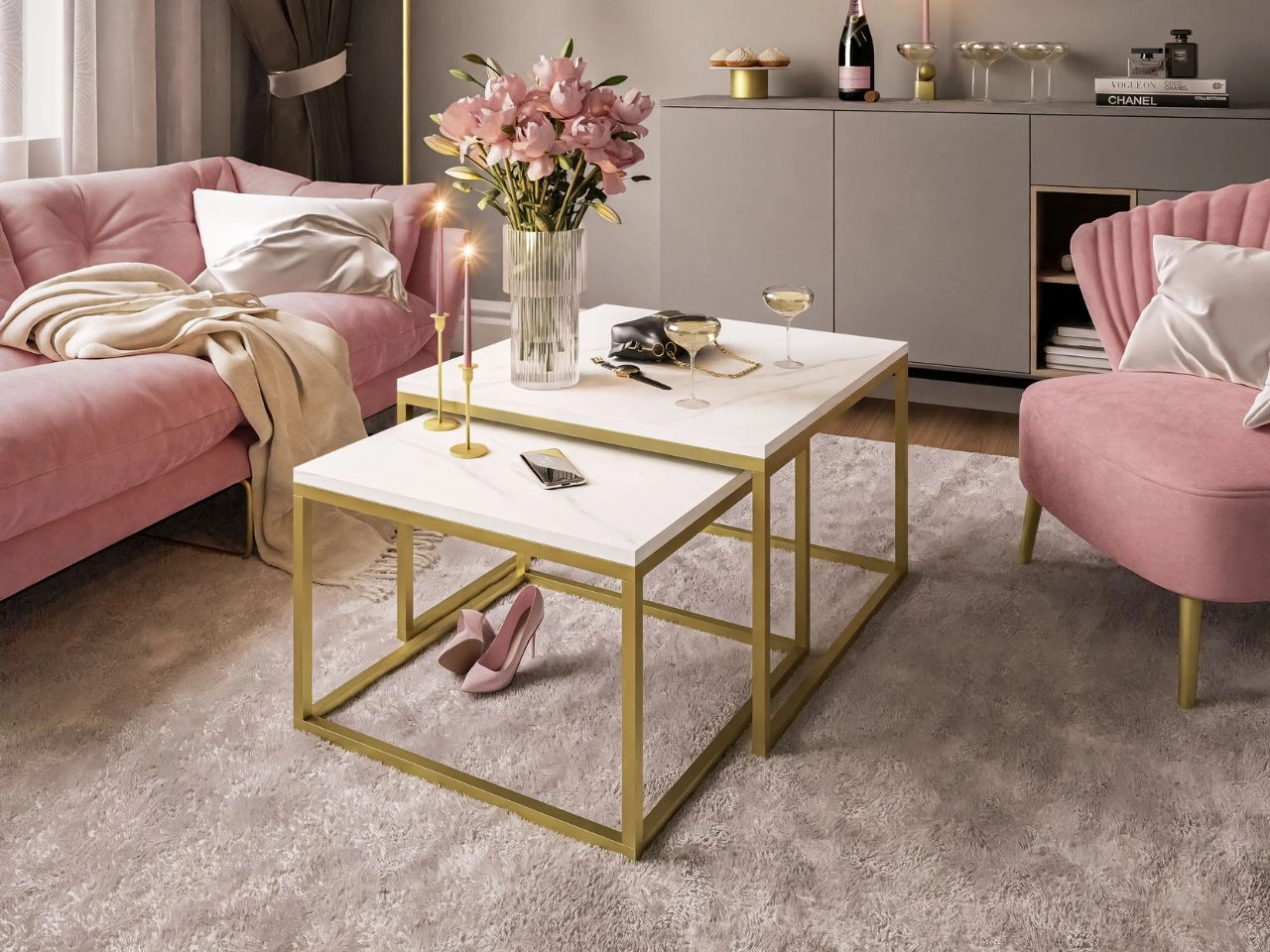 Couchtisch auf mattgoldenem Rahmen Asumi Weiß 40x46