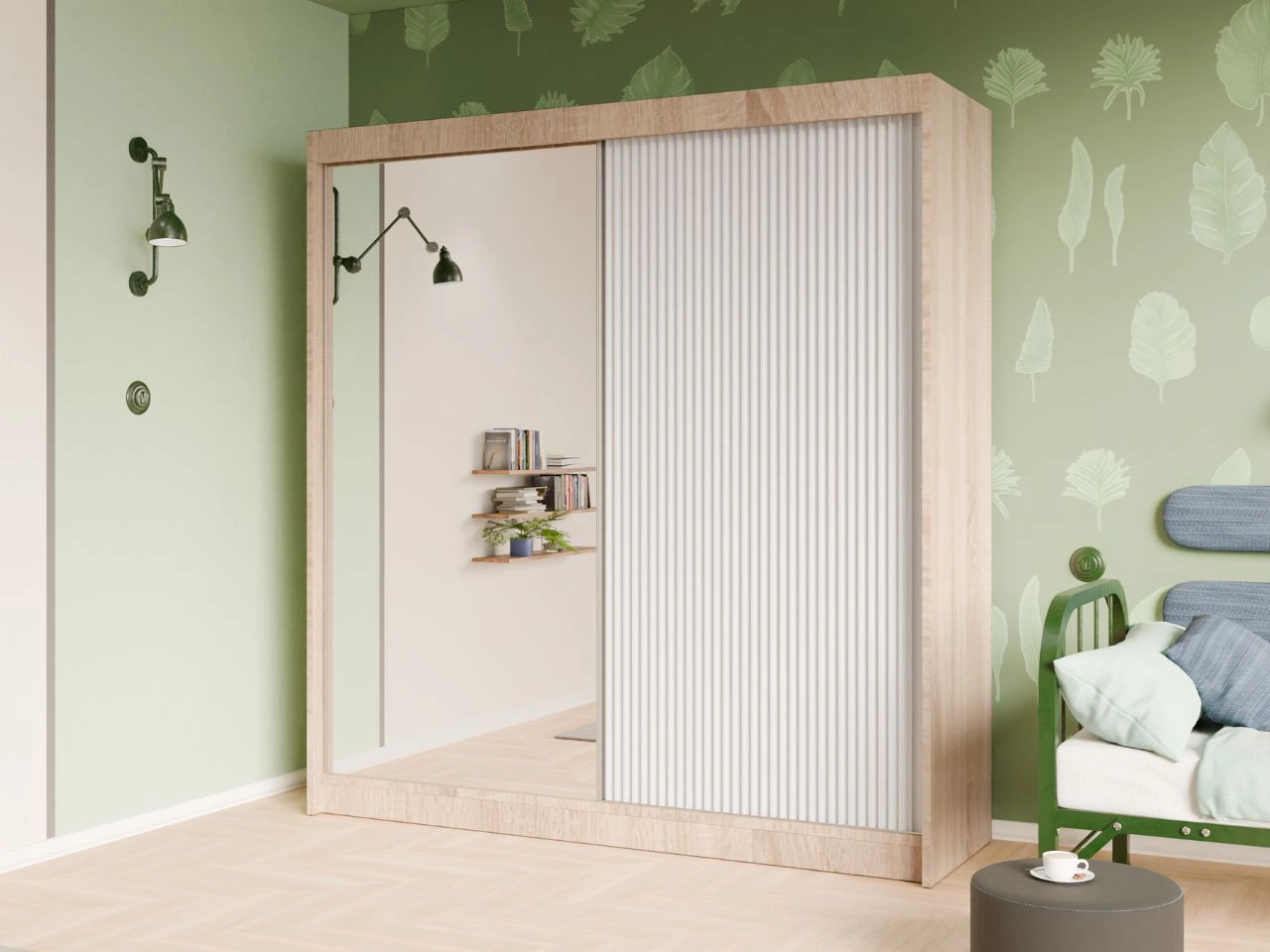 Schiebetürenschrank mit geriffelter Front und Spiegel 200 cm Fano Eiche Sonoma, Weiß