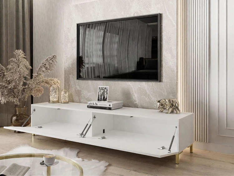 TV-Lowboard mit zwei Türen auf goldenen Beinen 175 cm mit LED-Beleuchtung Sorelle Weiß Hochglanz