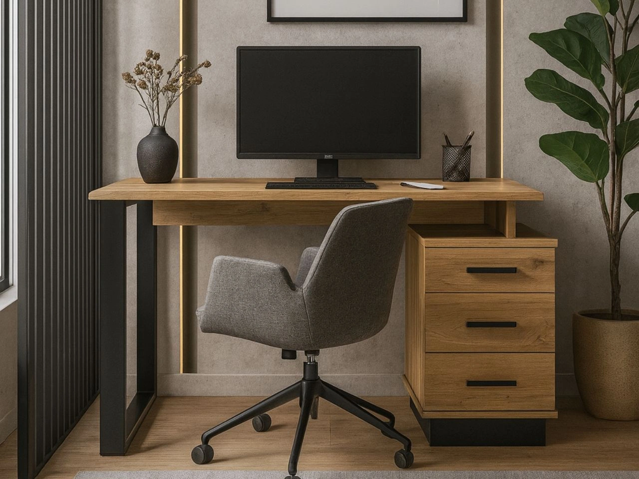 Schreibtisch im Industriestil mit Schubladen Lavore Wotan Eiche, Schwarz matt