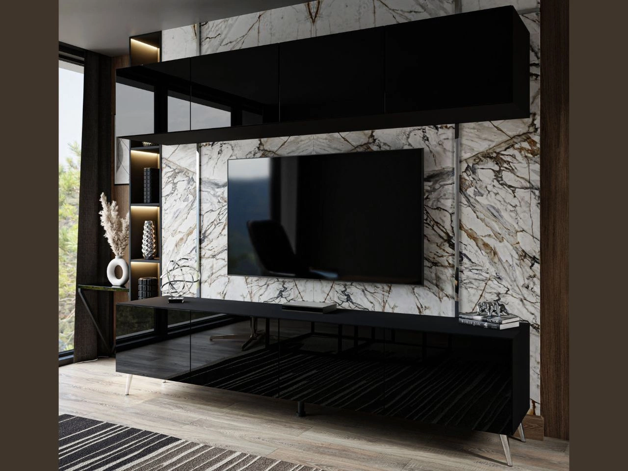 Wohnwand für das Wohnzimmer auf Silbernen Metallbeinen Noaé Weiß Hochglanz