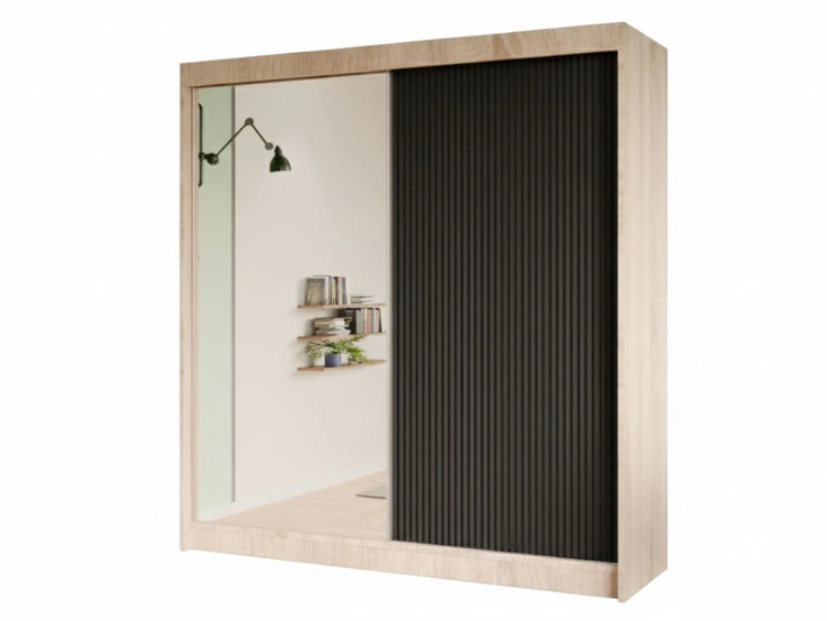 Schiebetürenschrank mit geriffelter Front und Spiegel 200 cm Fano Eiche Sonoma, Schwarz