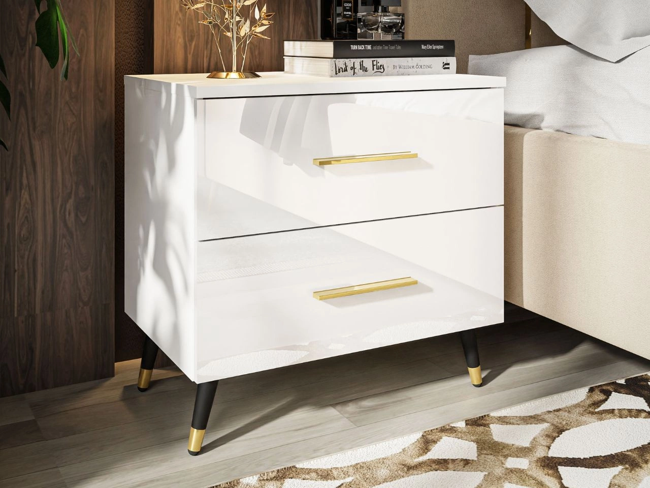 Nachttisch mit Schubladen auf Schwarz-Goldenen Metallbeinen Nuveo Weiß Hochglanz