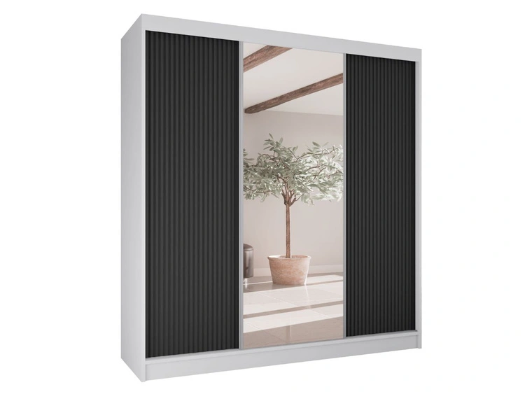 Schiebetürenschrank mit geriffelter Front und Spiegel 200 cm Rivas Weiß, Schwarz