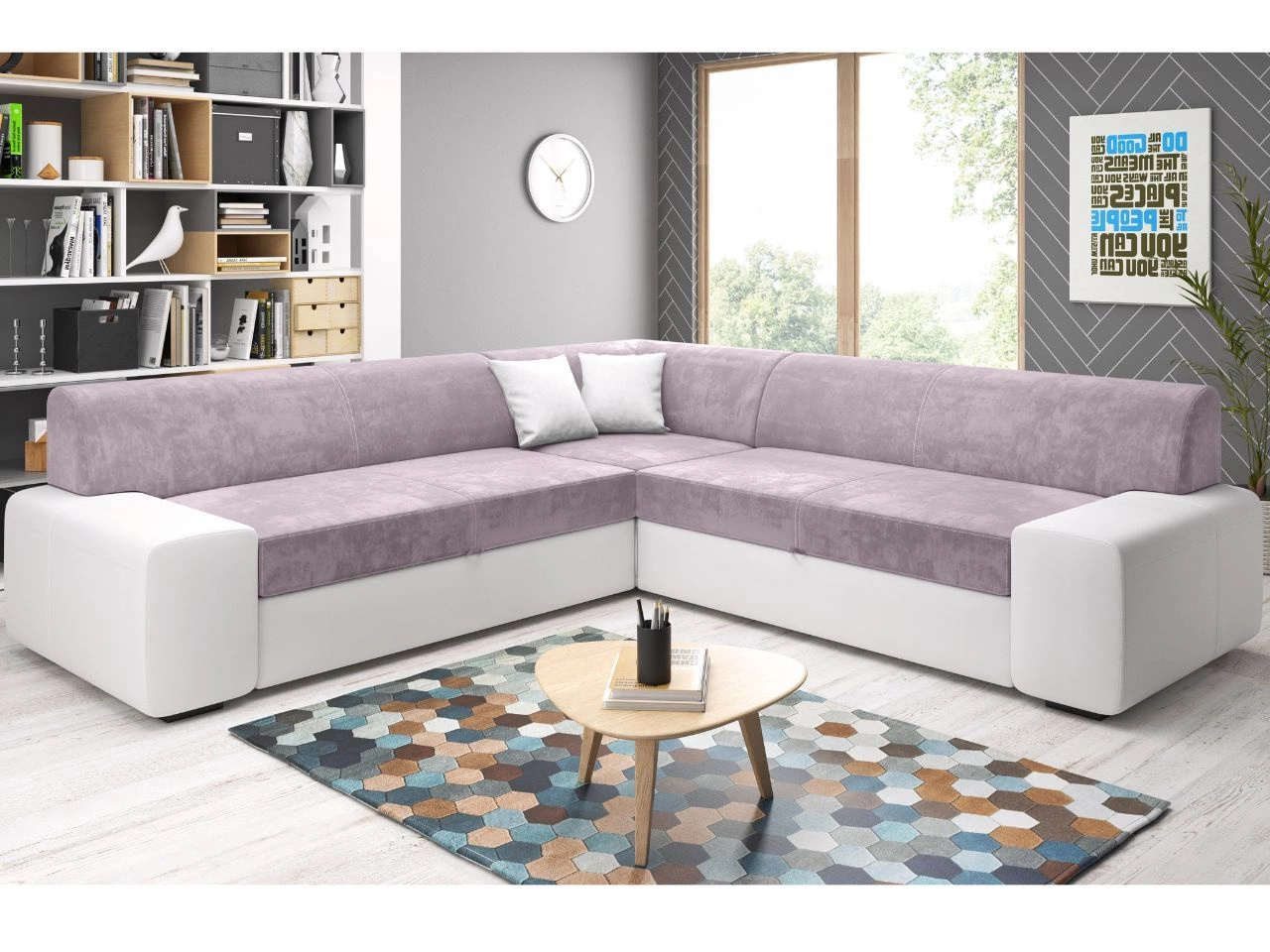 Ecksofa L-Form Links mit Schlaffunktion und Bettkasten Fresto Maxi Rosa, Weiß