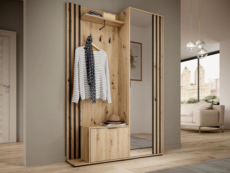 Garderobe mit Spiegel und Kleiderhaken Graphit, Artisan Eiche