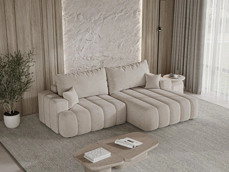 Ecksofa L-Form Rechts mit Schlaffunktion und Bettkasten Caleo Beige