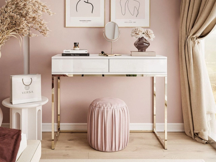 Konsolentisch mit Schubladen und goldenem Gestell im Glamour-Stil Brisa Weiß Hochglanz