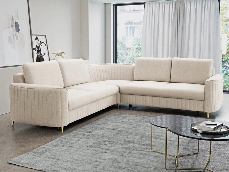 Ecksofa L-Form Links mit Schlaffunktion und Bettkasten Limon Creme