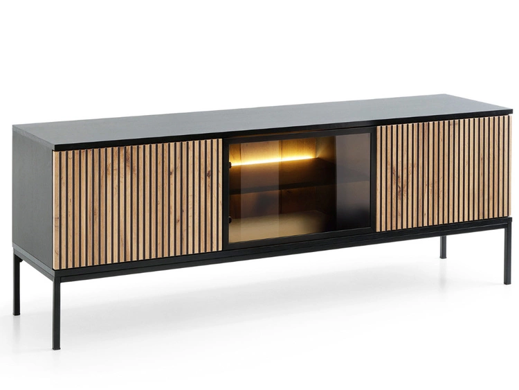 Wohnzimmerset mit Led Deo Schwarz, Eiche Wotan