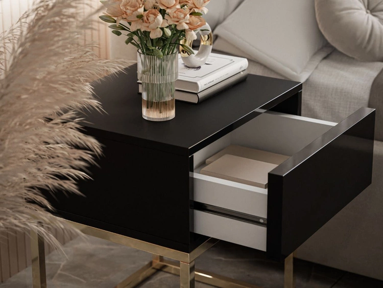 Nachttisch mit Schublade und goldenem Gestell Brisa Weiß Hochglanz