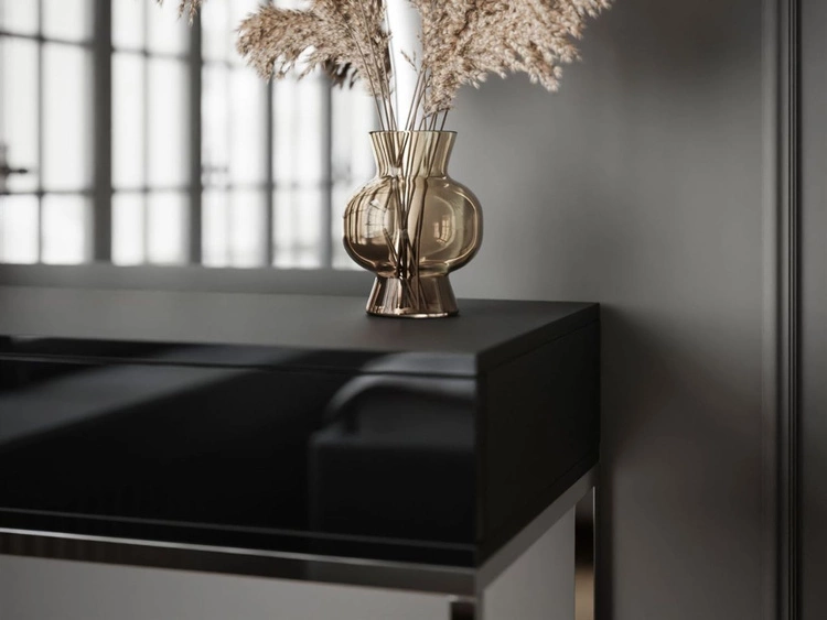 Kosmetiktisch rechtsseitig mit Schubladen und LED-Beleuchtung auf silbernen Beinen Clarette Schwarz Hochglanz