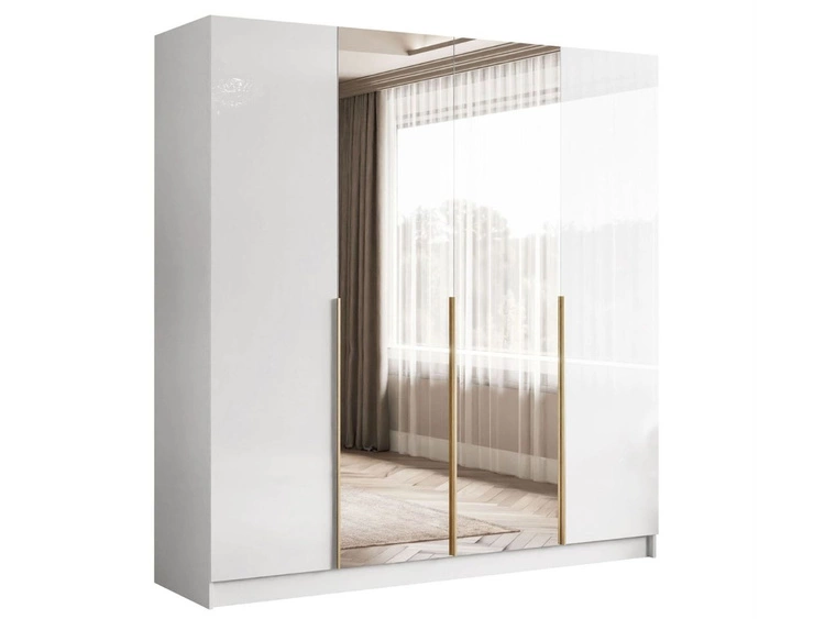 Viertüriger Kleiderschrank mit Drehtüren, goldfarbenen Griffen, Schubladen und Spiegeln Ameli Weiß Hochglanz