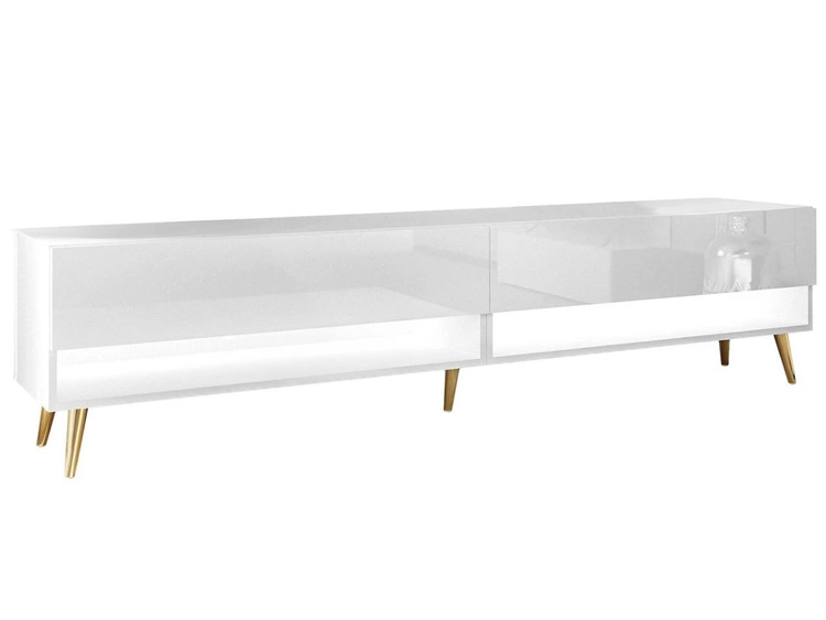 TV-Schrank für das Wohnzimmer 180 cm mit goldenen Beinen und LED-Beleuchtung Aurelie Weiß Hochglanz