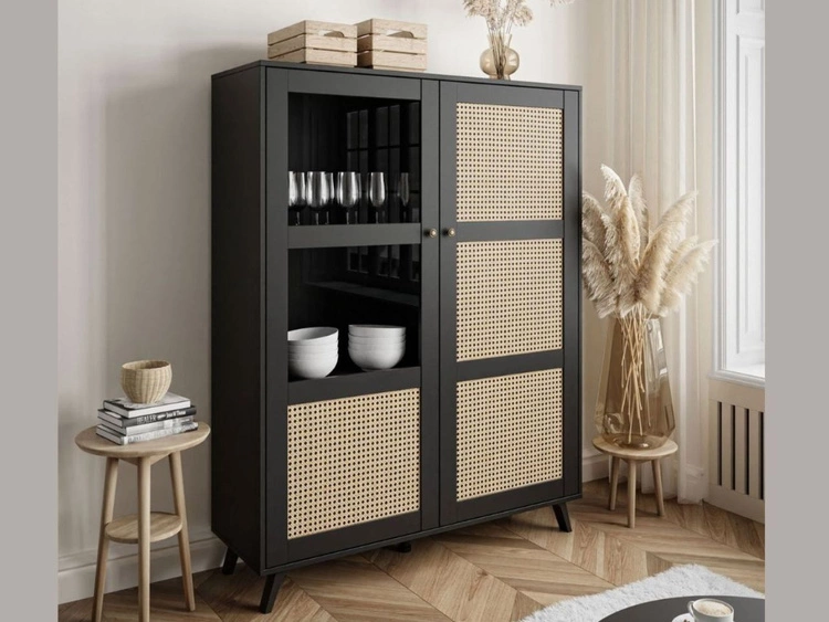Standvitrine im Boho-Stil Verglaste Bellance, schwarz